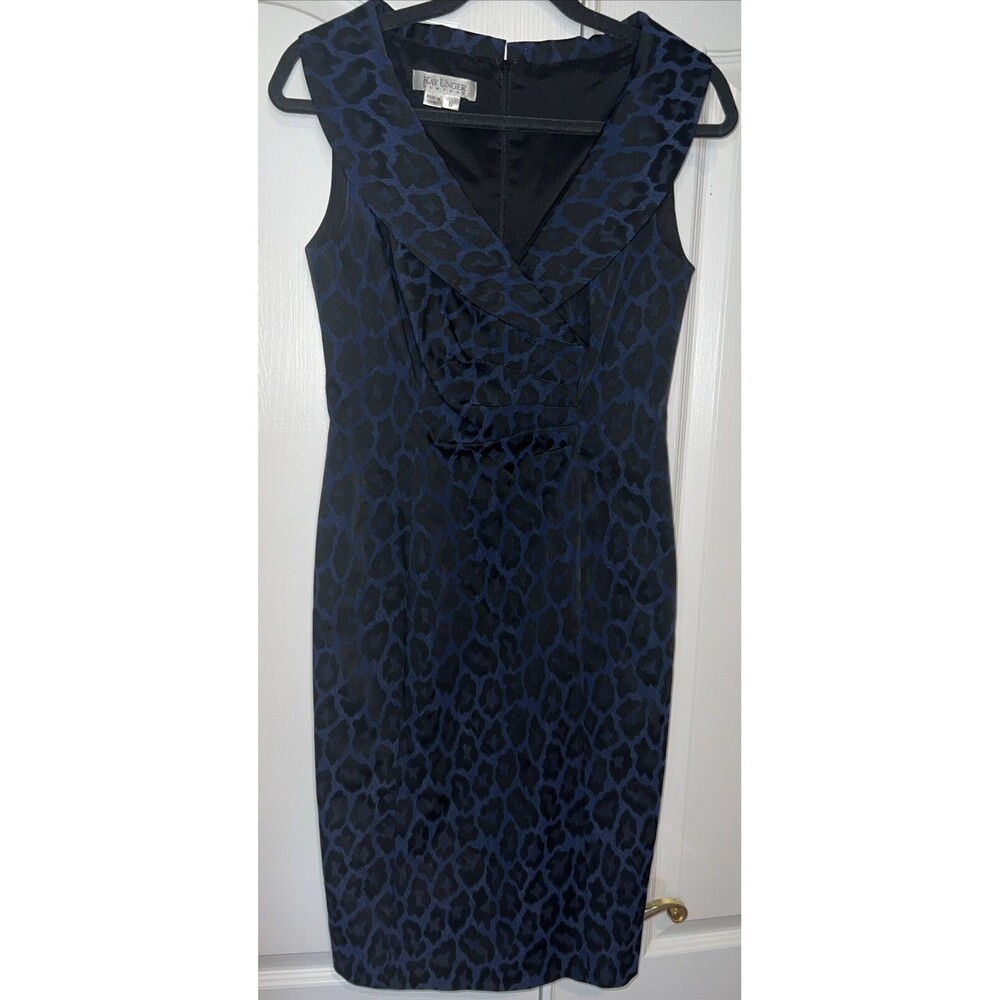 KAY UNGER NEW YORK Women's Dress Sz 6 Cap Sleeveless V-Neck Blue Black Leopard